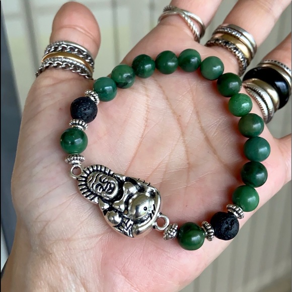 Silver buddha green agate lava rock bead bracelet - Picture 3 of 12